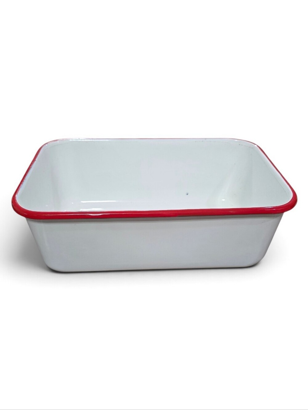 Vintage White Enamel Baking Dish with Red Rim